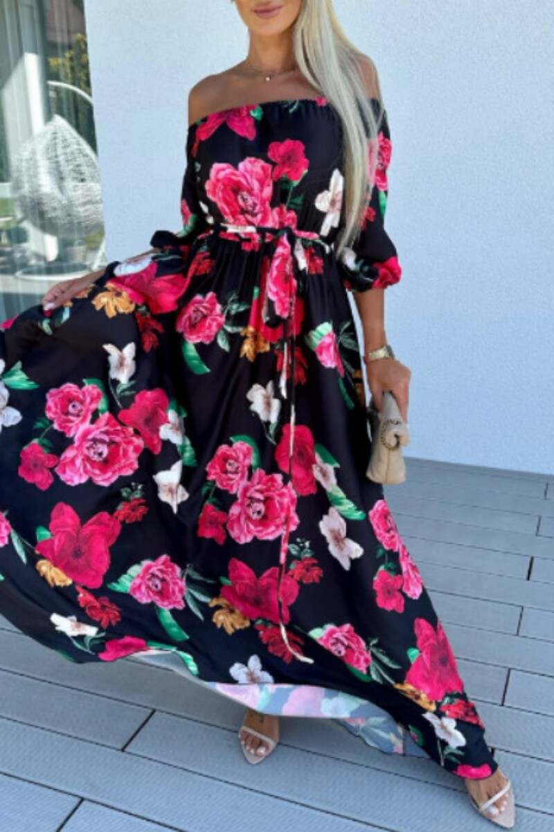 Black Red Casual Print Patchwork Off the Shoulder Long Dress Dresses