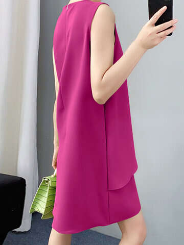 Women Casual Dresses | Solid Ruffle Front Crew Neck Sleeveless Casual A-line Dress - WP59890