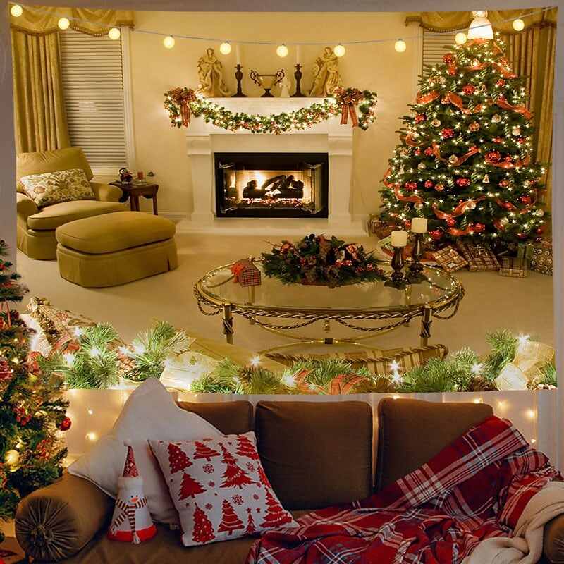 Christmas Decor LED Lights Wall Tapestry Christmas Tree Fireplace Print