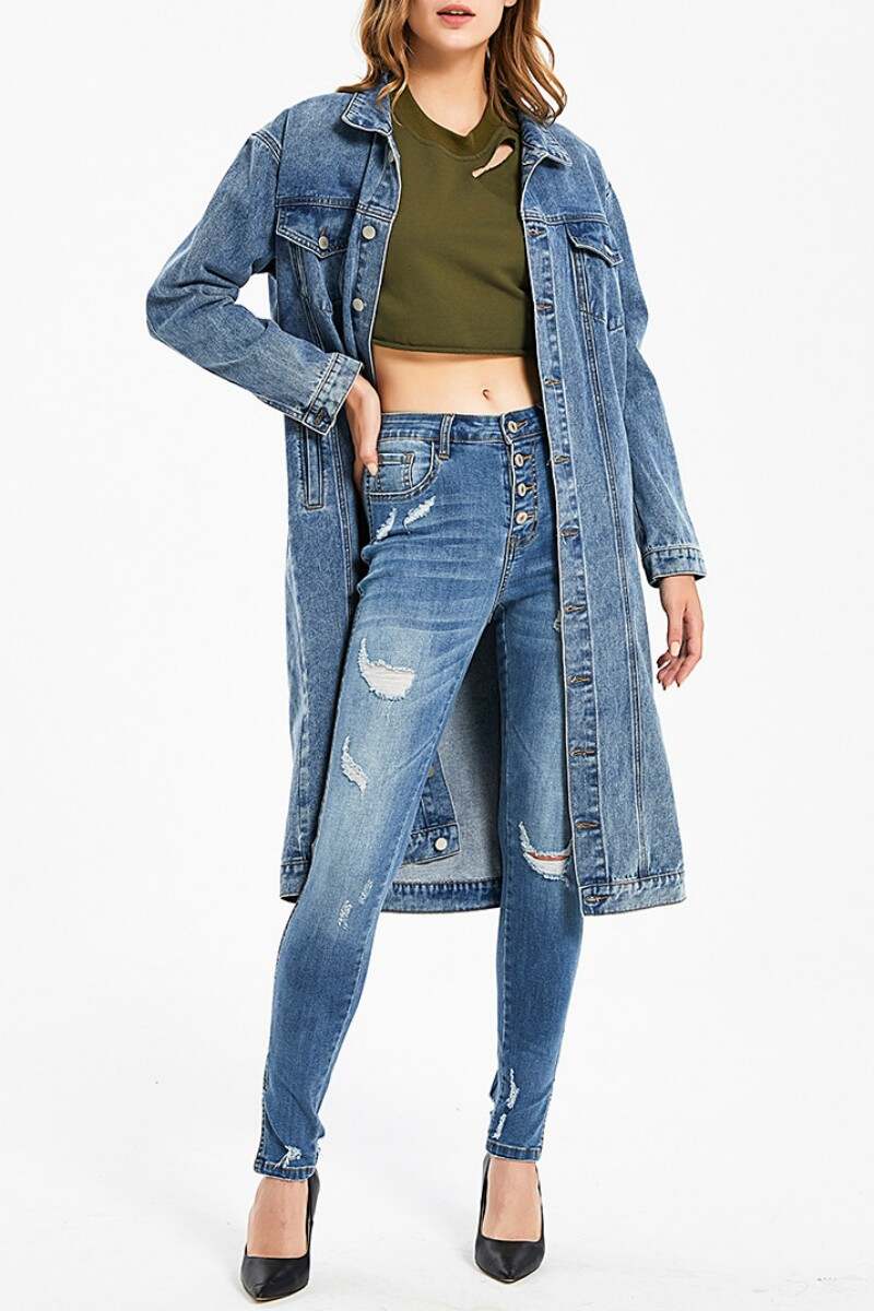 Blue Casual Solid Patchwork Turndown Collar Long Sleeve Regular Denim Jacket