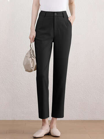 Women Pants & Capris | Solid Pocket Button Zip Tailored Pants For Women - EU24222