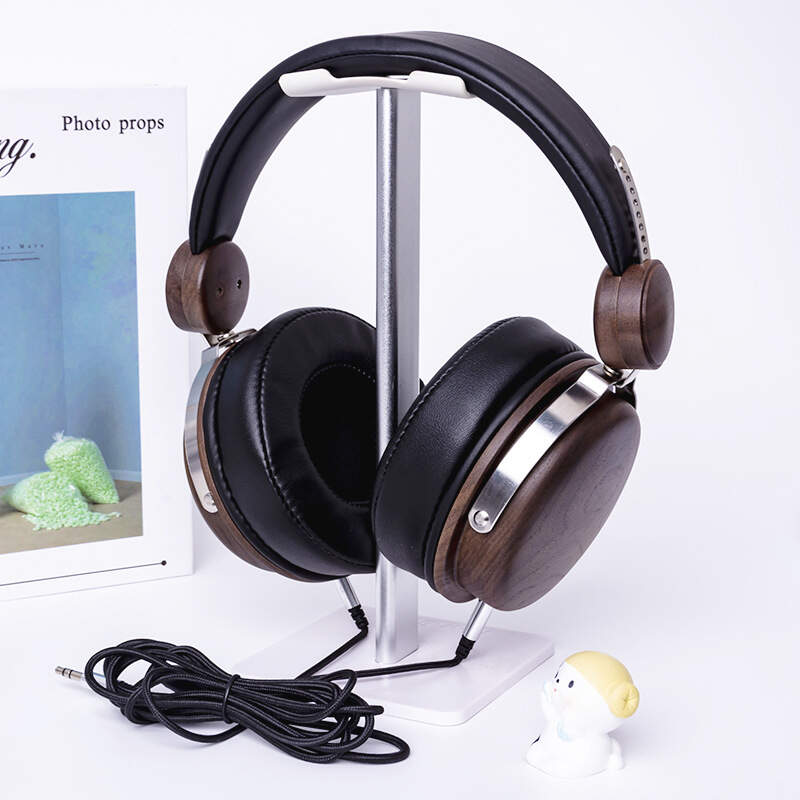 over ear headphones with black wood accents