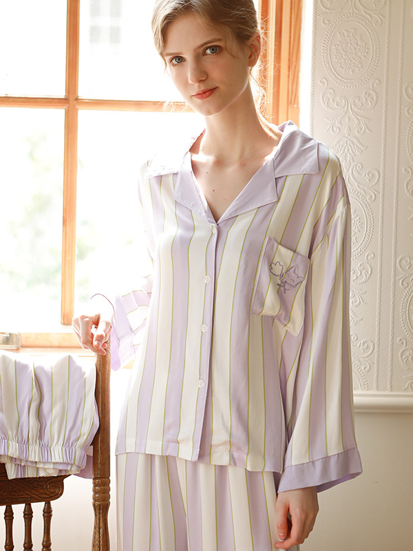 Simple Striped Shawl Collar Long Sleeve Pajama Set