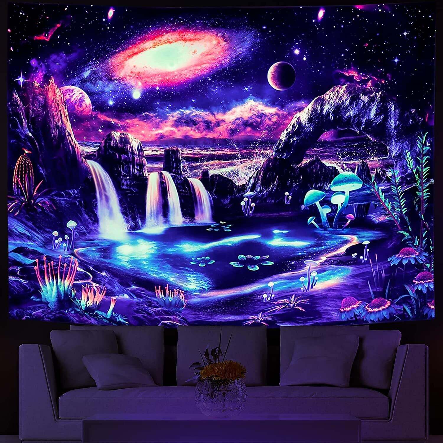 Blacklight Tapestry UV Reactive Wonderland Trippy Misty Mushroom