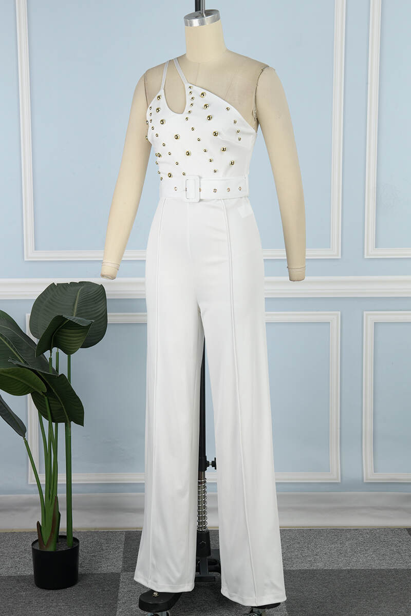 White Sexy Casual Solid Backless With Belt Oblique Collar Skinny Jumpsuits