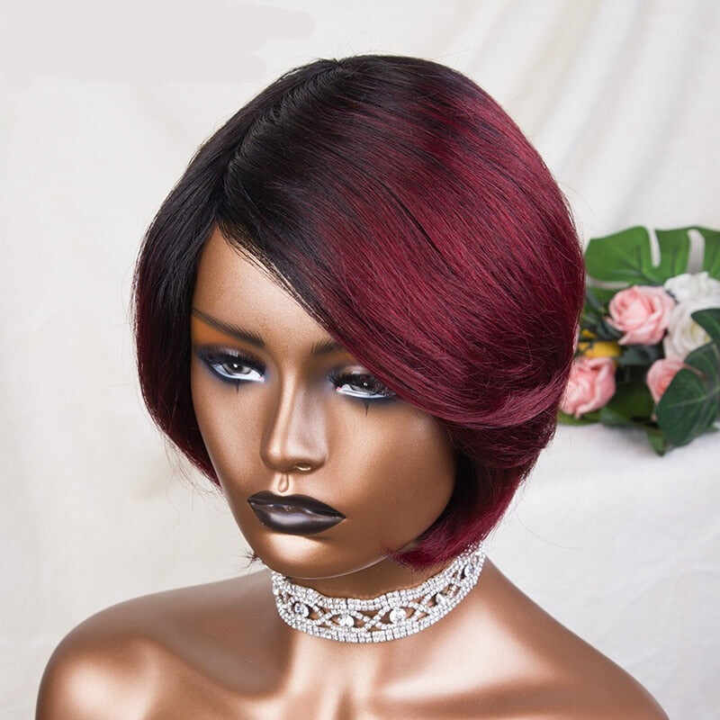 Ombre Burgundy Short Bob Wig With Bangs