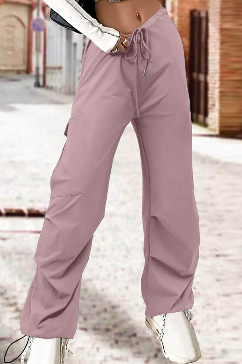 Grey Street Solid Patchwork Draw String Pocket Straight High Waist Straight Solid Color Bottoms