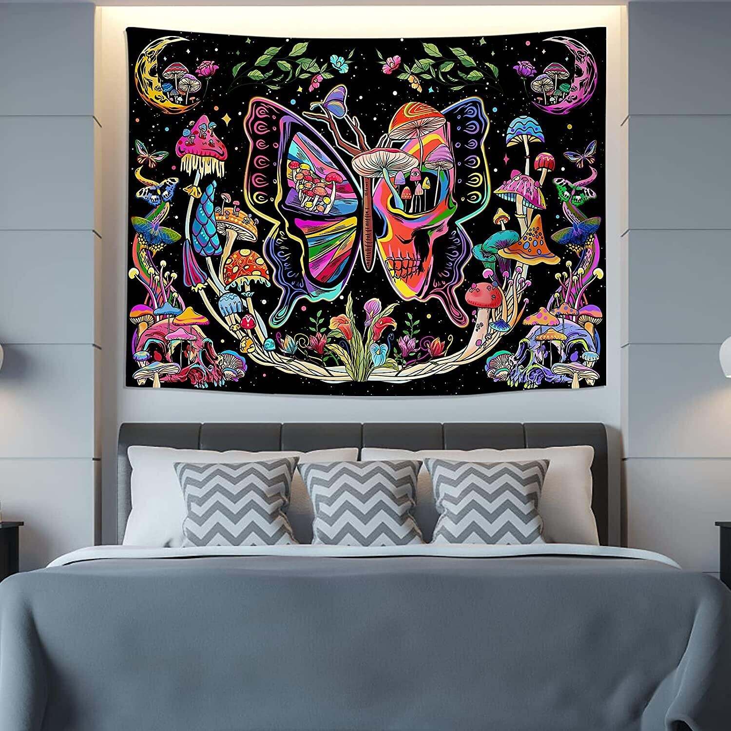 Blacklight Tapestry UV Reactive Trippy Butterfly Mushroom Plants