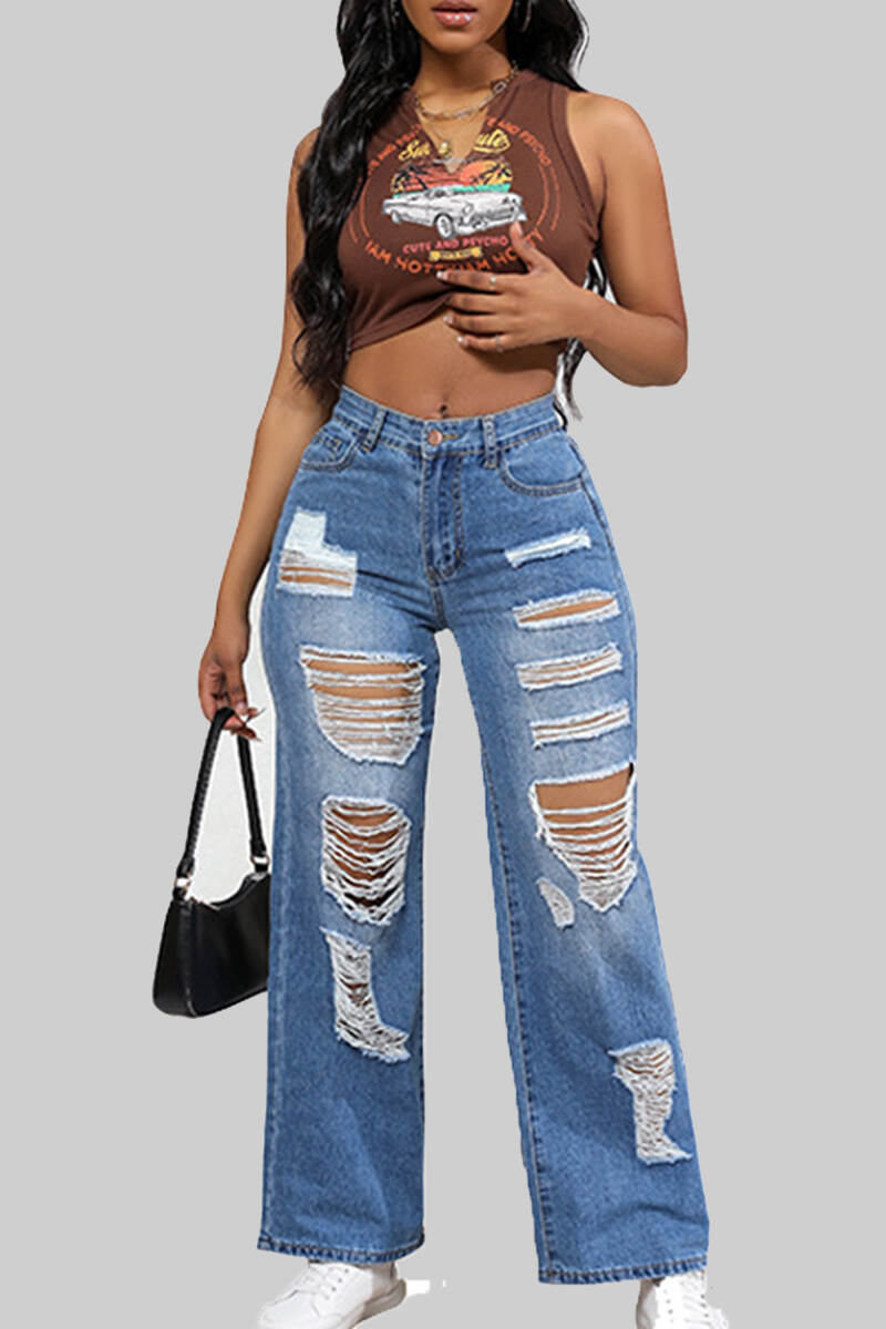 Blue Street Solid Ripped Patchwork Pocket Buttons Zipper Mid Waist Straight Denim Jeans