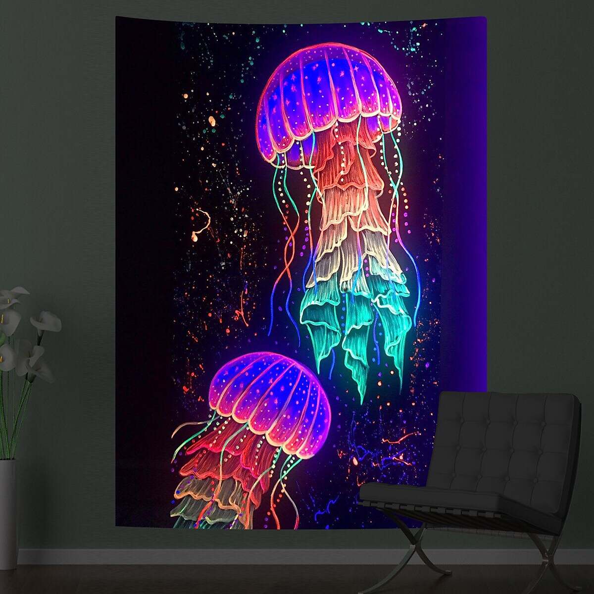 Black UV Light Jellyfish Psychedelic Tapestry