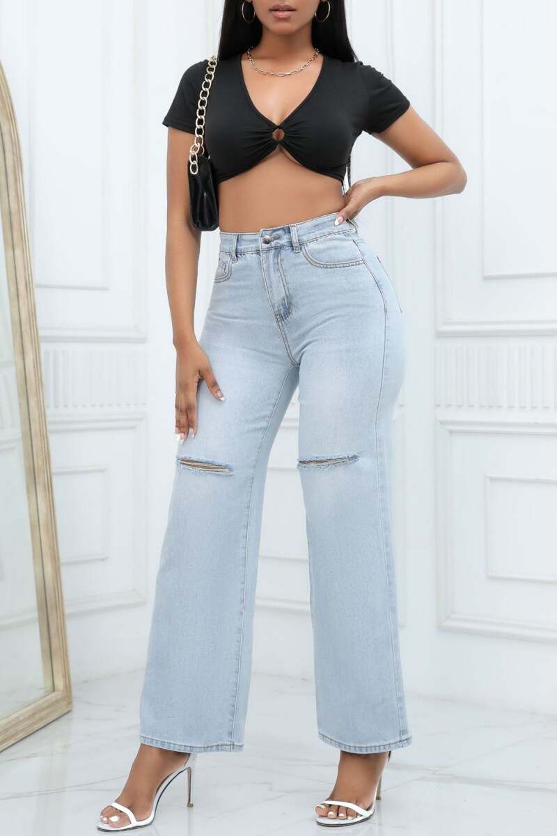 Deep Blue Casual Solid Ripped Patchwork High Waist Regular Denim Jeans