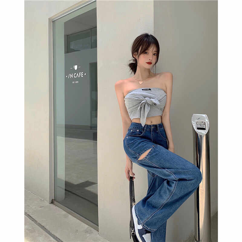 Vertical Loose High Waist Slim Jeans