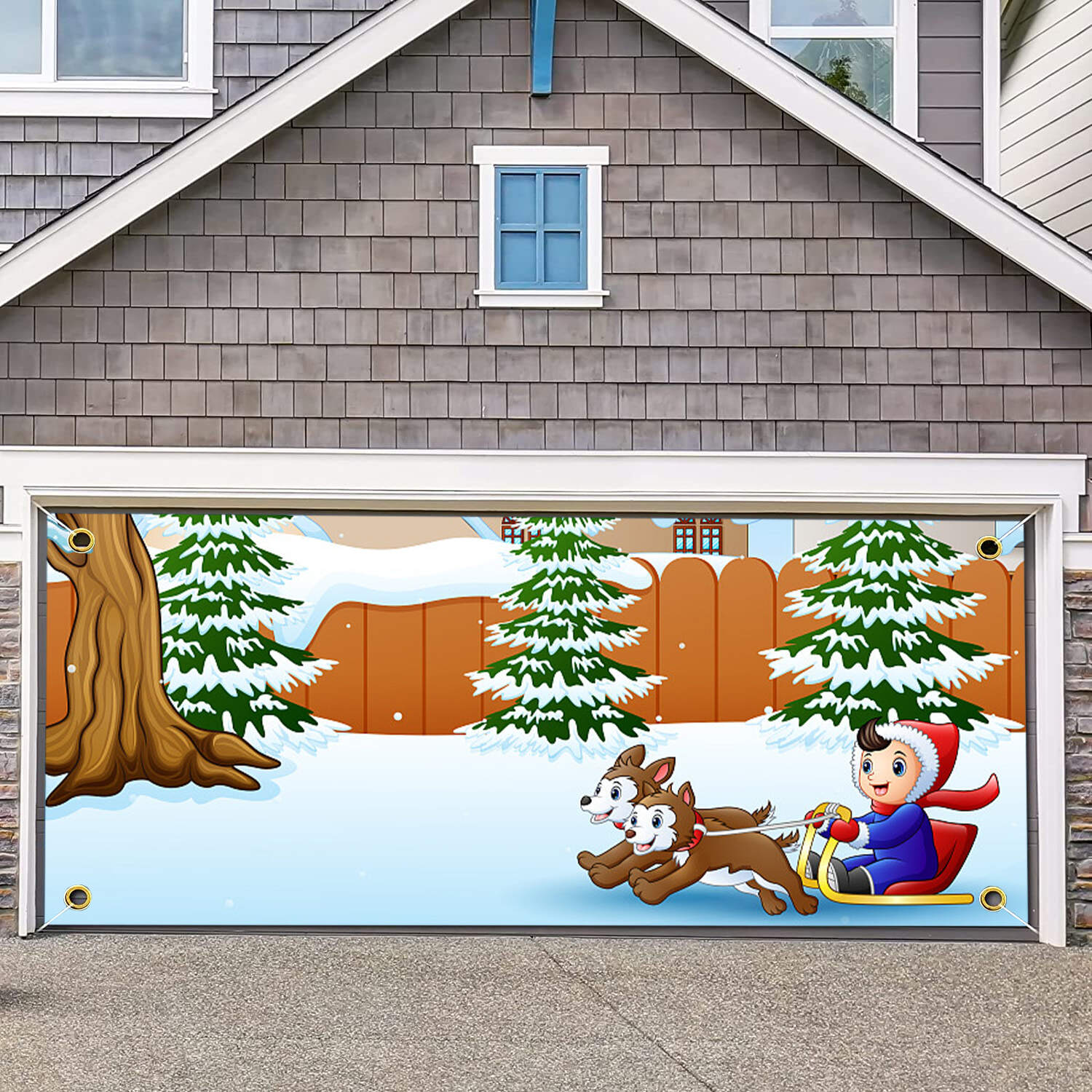 The sled garage door banner ornament