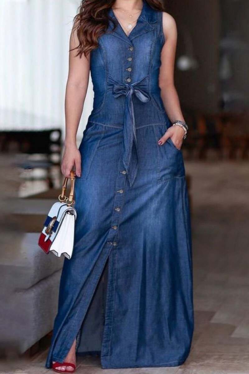 Royal Blue Casual Solid Frenulum Turndown Collar Sleeveless Denim Dresses