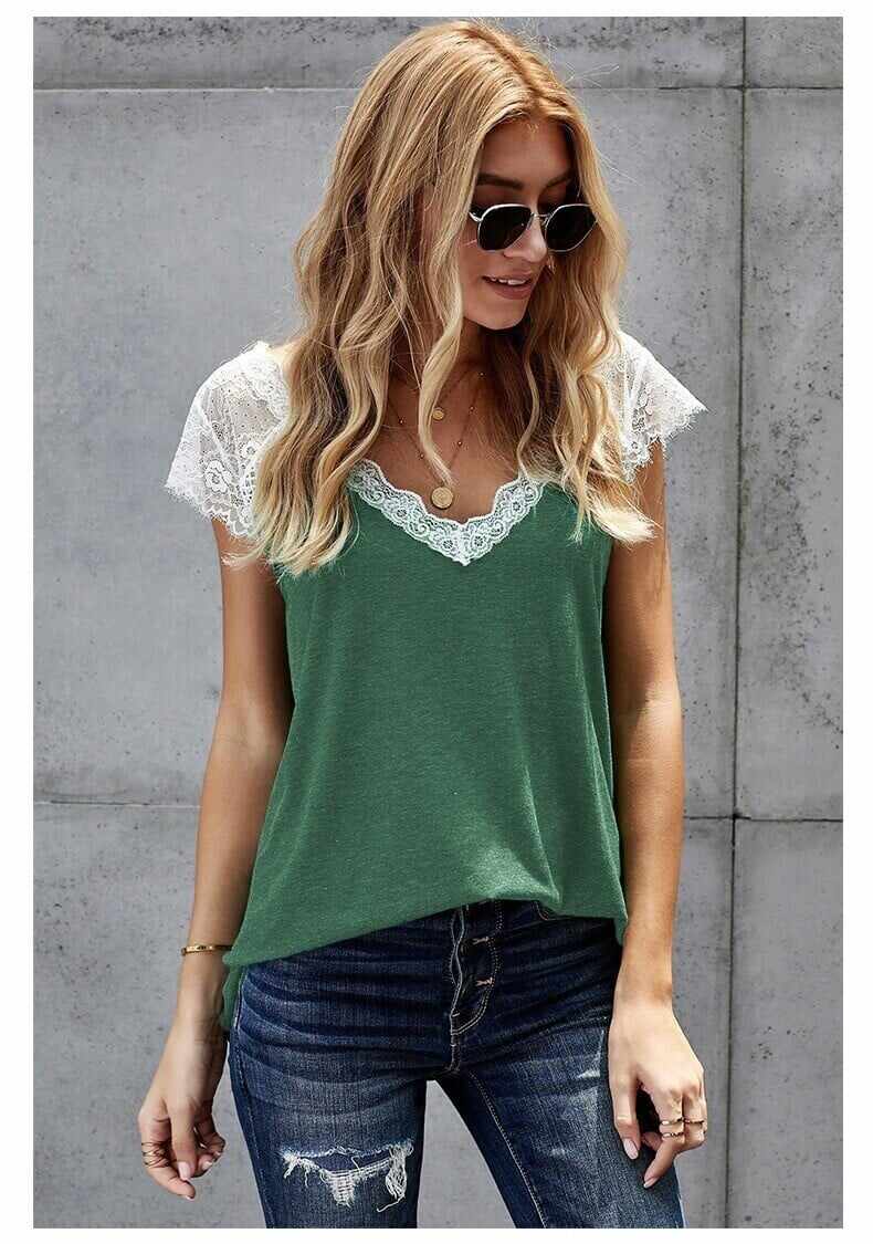 Women's V Neck Lace Vest Summer Casual Short-sleeved Top