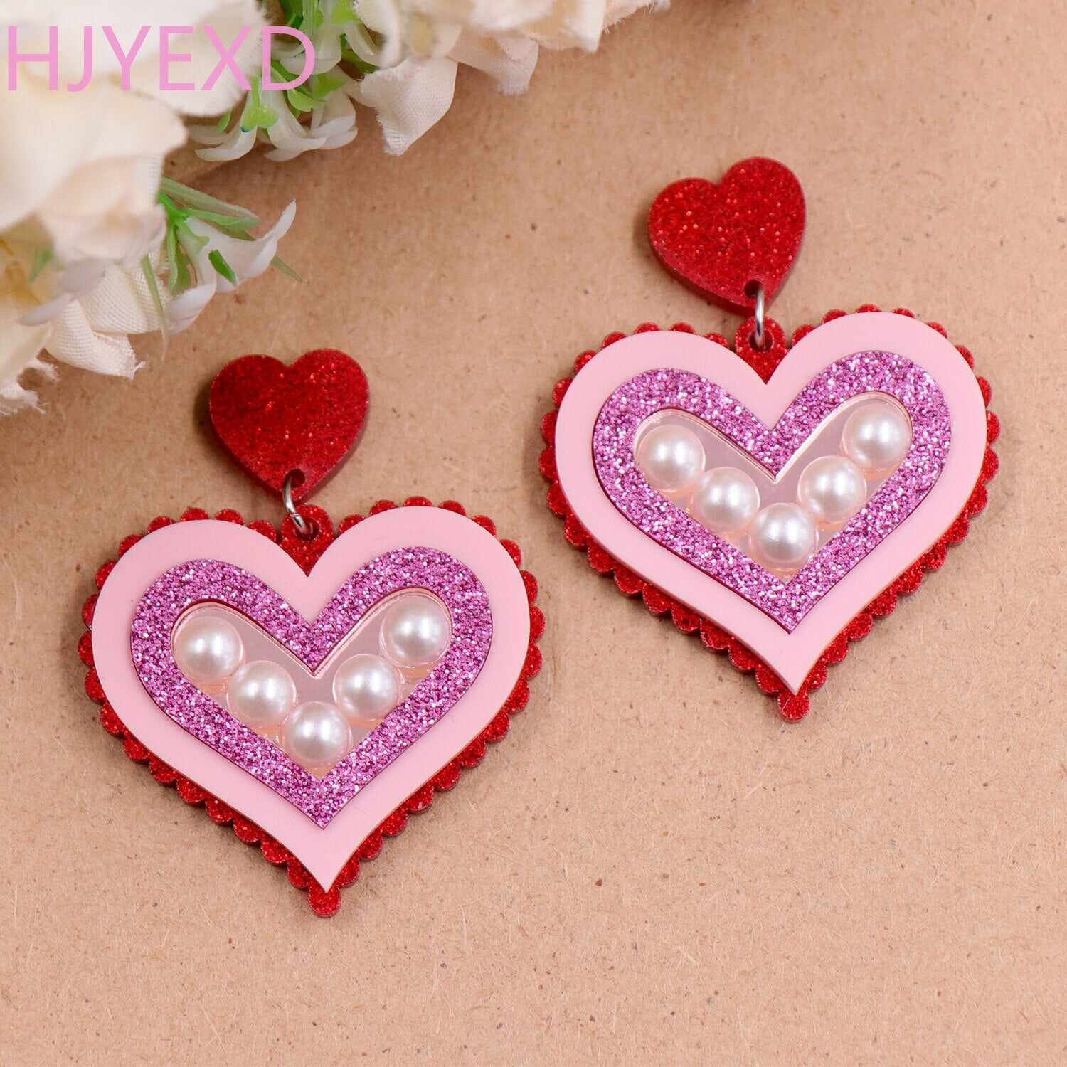 Vintage Pearl Acrylic Heart Earrings Jewelry