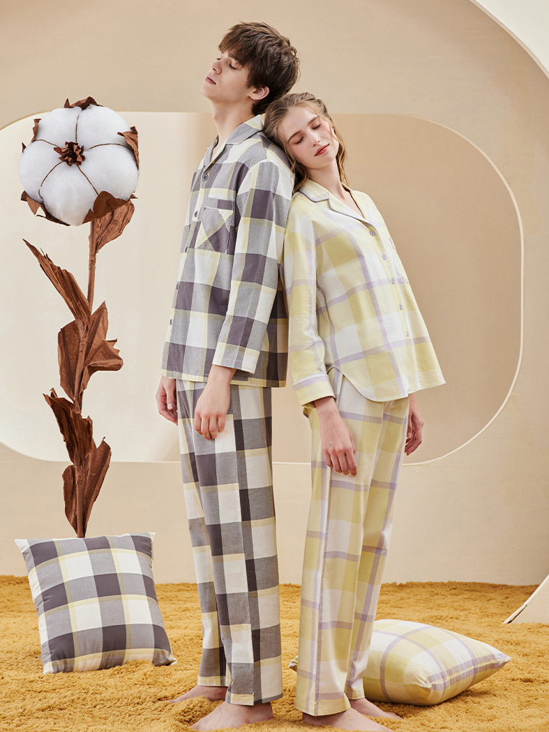 Cotton Regular Fit V Neck Long Sleeve Couple Pajama Set