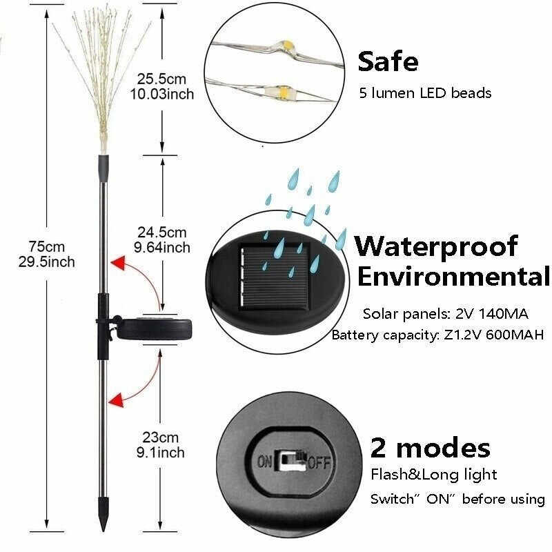 【Free Shipping】2Pc New Ground Plug Solar Fireworks Light LED