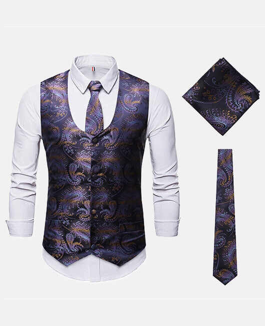 Fashiom Calico Single Breasted Blazer Vest & Tie & Pocket Square 3Ps Set
