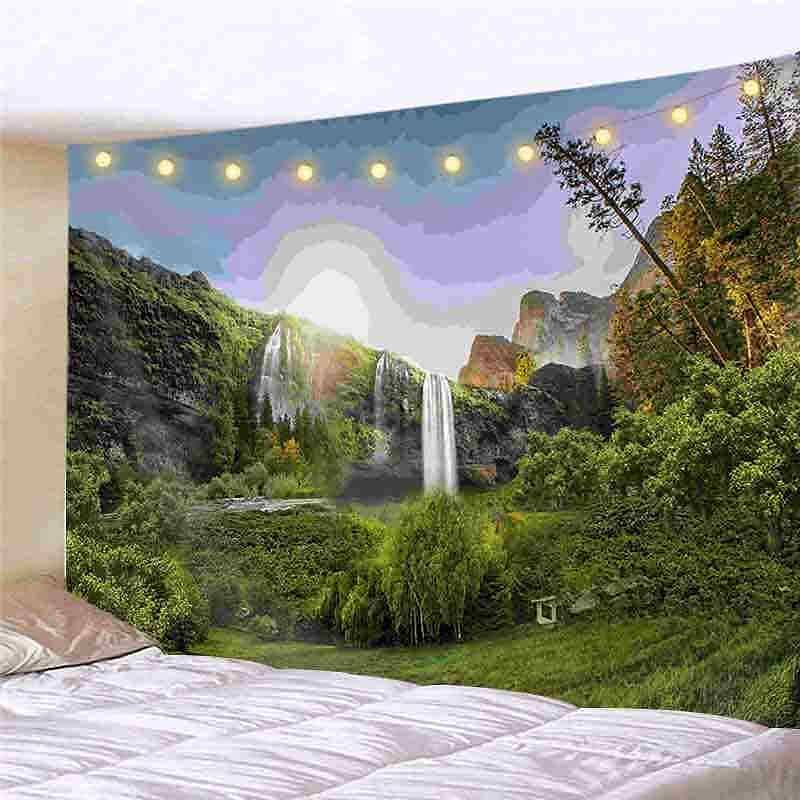 Landscape LED Lights Wall Tapestry Art Decor Forest Waterfall Print