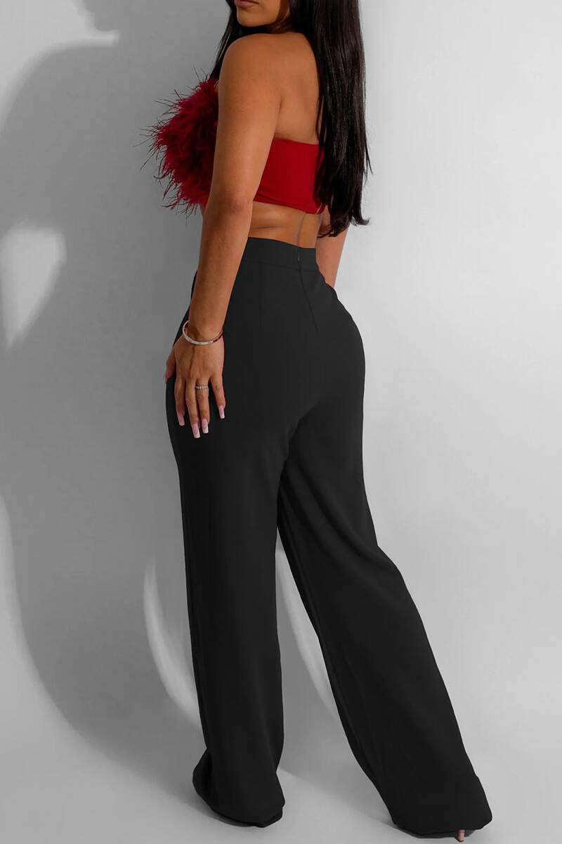 Black Casual Solid Basic Regular High Waist Conventional Solid Color Trousers