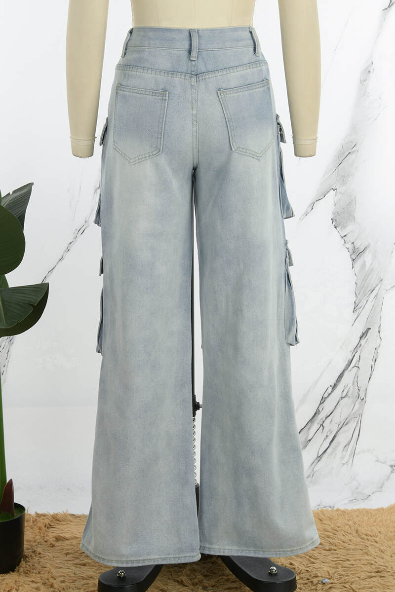 Blue Casual Solid Patchwork High Waist Regular Denim Jeans