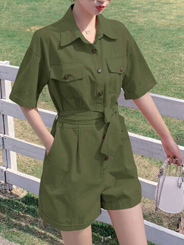 Women Jumpsuits & Rompers | Solid Button Pocket Lapel Short Sleeve Cargo Romper With Belt - VV77153