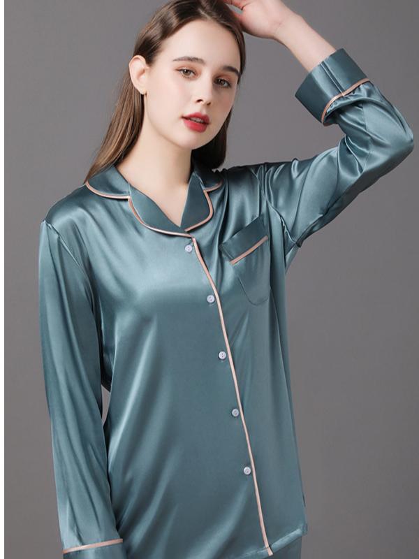 Ice Silk Plain Shawl Collar Casual Long Sleeve Couple Pajama Set