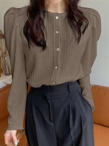 Women Blouses & Shirts | Solid Textured Puff Sleeve Button Crew Neck Blouse - IP15565