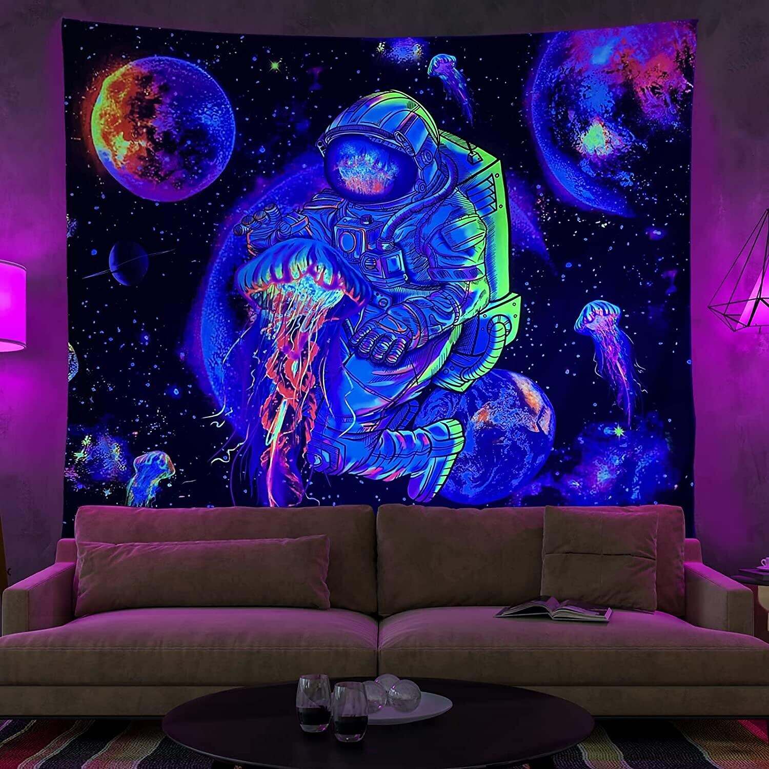 Blacklight Tapestry UV Reactive Galaxy Jellyfish Nature Landscape