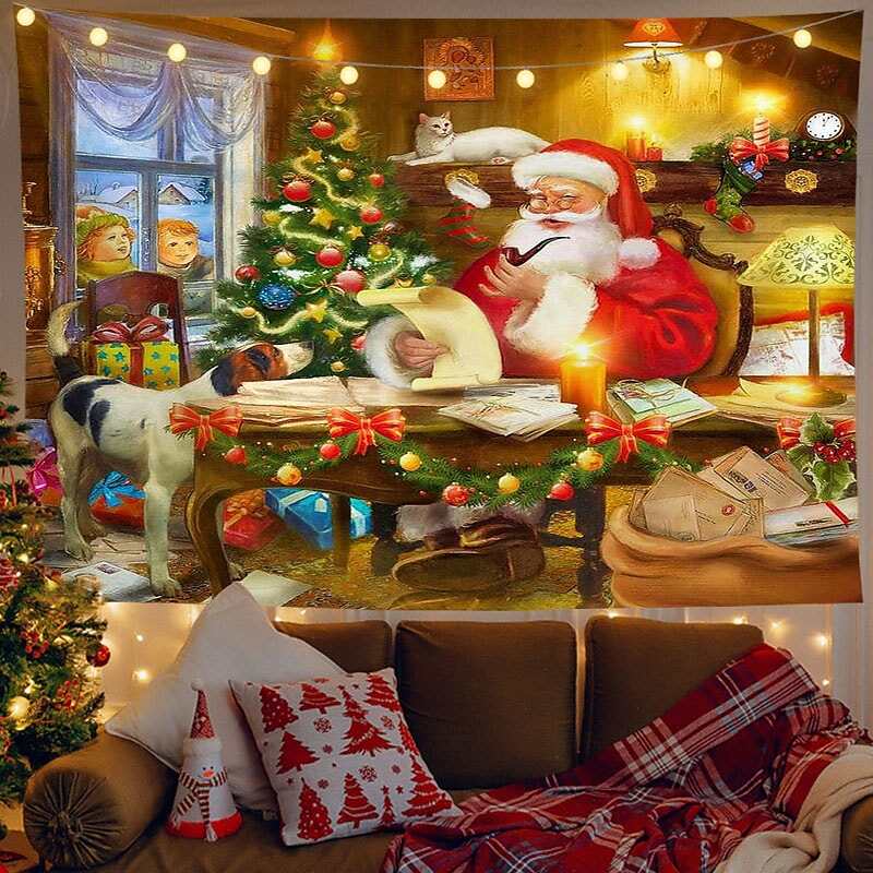 Christmas Decor LED Lights Wall Tapestry Fireplace Santa Claus Print