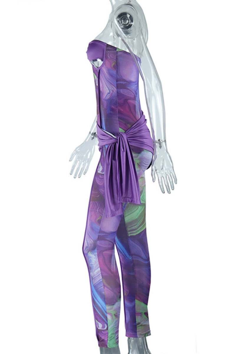 Purple Sexy Print Hollowed Out Patchwork Backless Strapless Skinny Jumpsuits