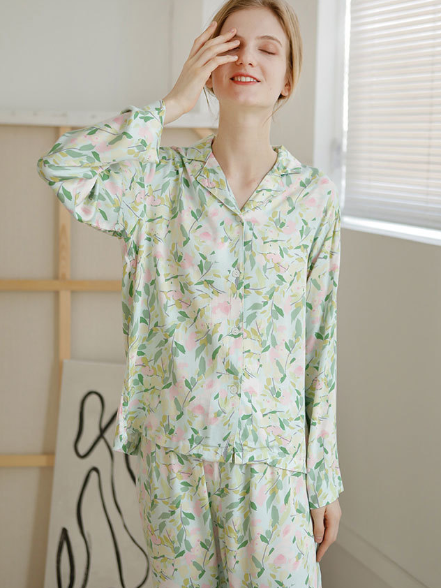 Floral Casual V Neck Regular Fit Long Sleeve Pajama Set