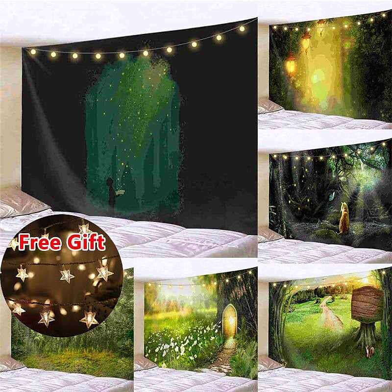 Landscape LED Lights Wall Tapestry Art Decor Forest Tree Print