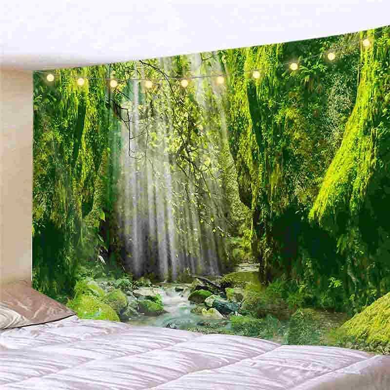 Landscape LED Lights Wall Tapestry Art Decor Forest River Waterfall Print