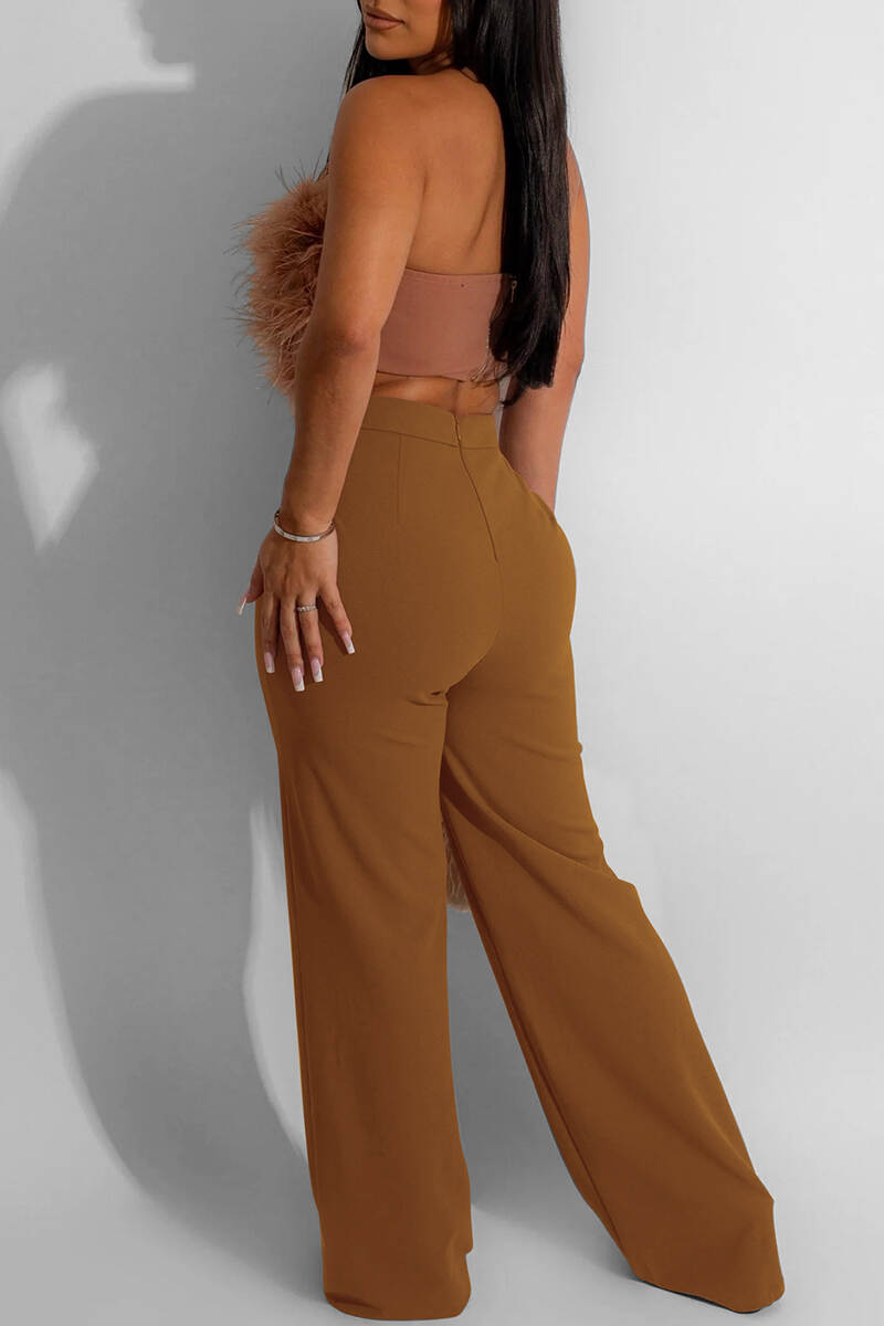 Coffee Casual Solid Basic Regular High Waist Conventional Solid Color Trousers