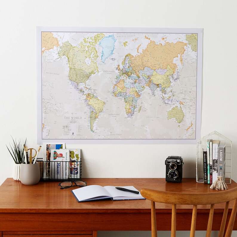 Classic World Map Large Poster Wooden Wall Hanging, Most Detailed Up To Date Vintage Style Map of the World, home decor, wall art