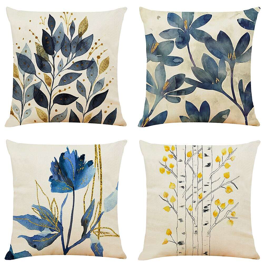 4PCS Plant Throw Pillow Cover Gold Blue Teal Soft Decorative Cushion Case Pillowcase Bedroom Superior Quality Machine Washable Cushion for Livingroom Sofa Couch Bed Chair