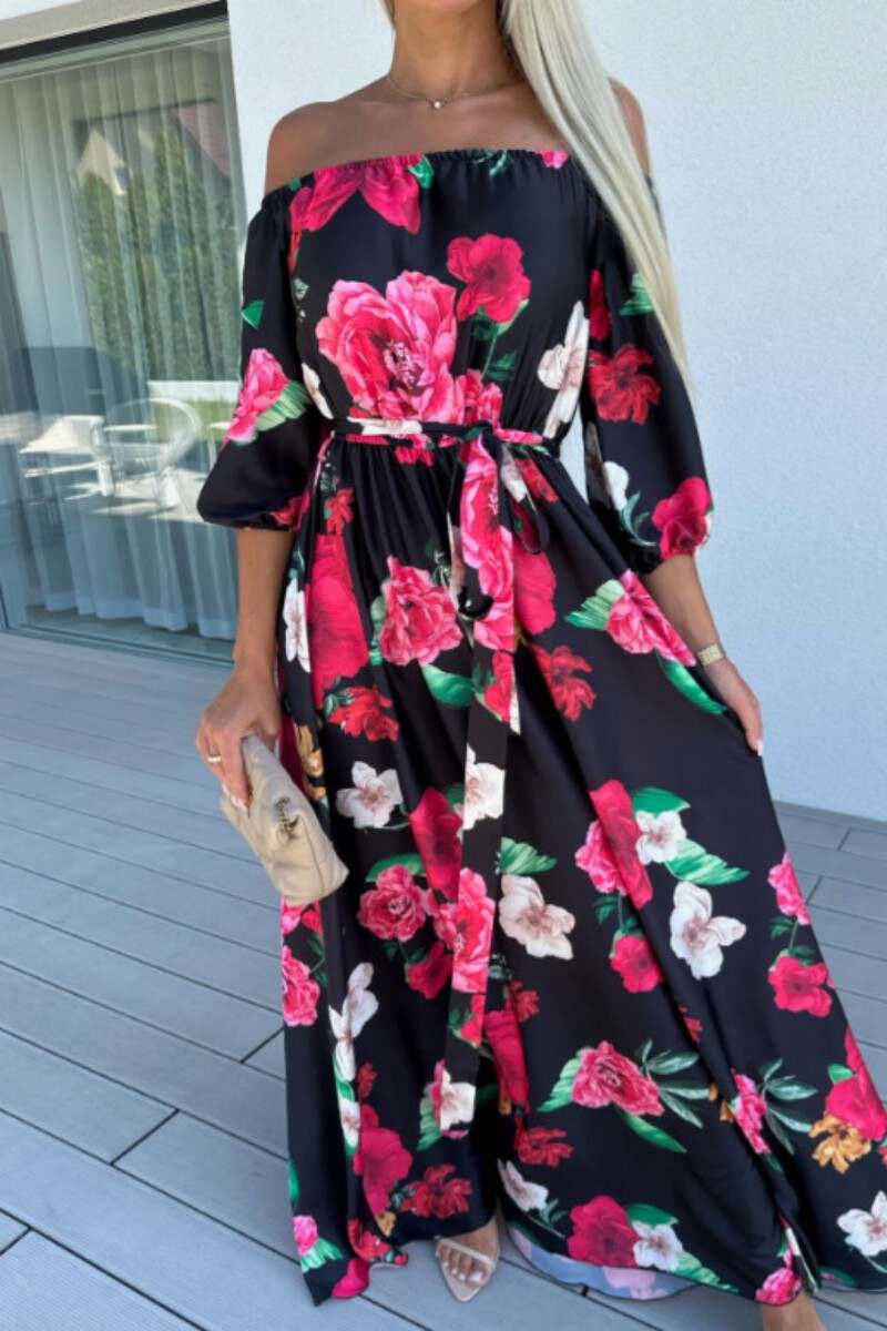 Black Red Casual Print Patchwork Off the Shoulder Long Dress Dresses