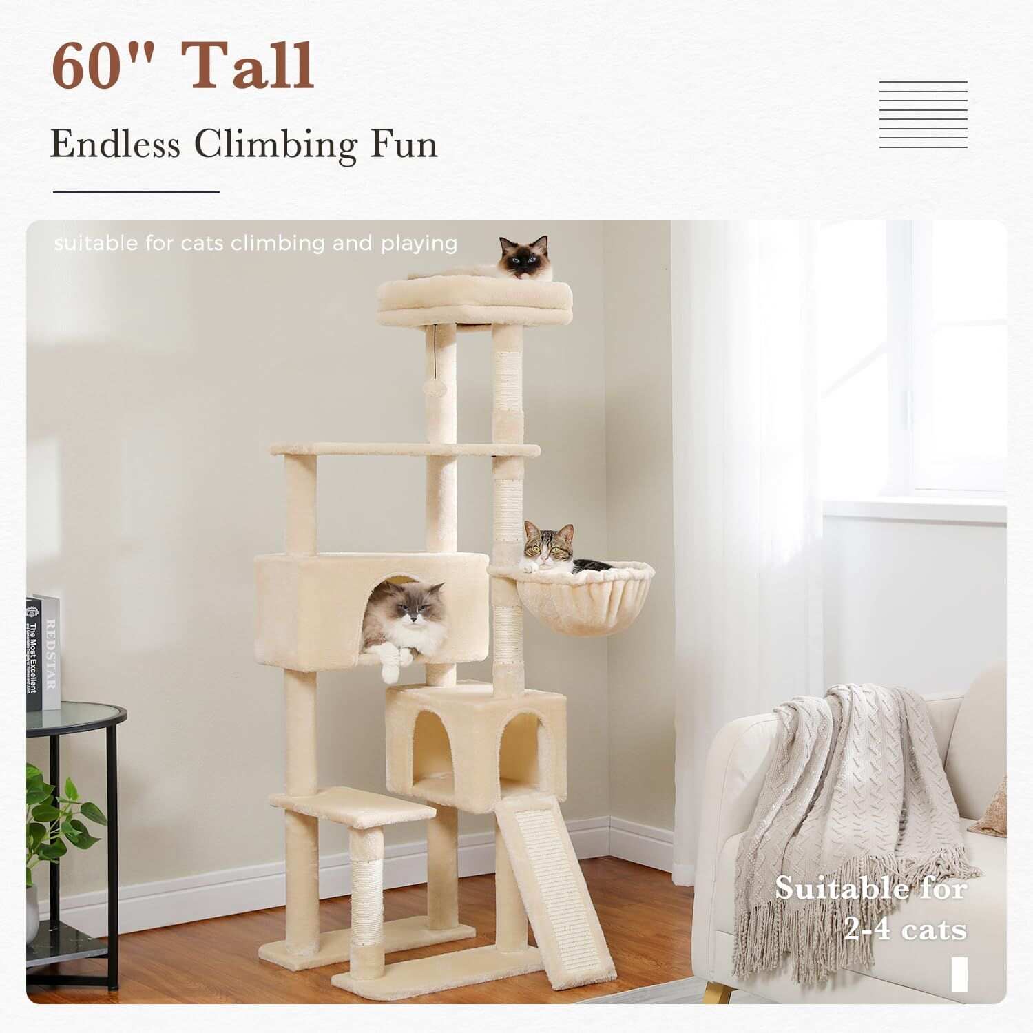 60.62 Inches Multi-Level Cat Tree Cat Tower for Indoor Cats with Sisal-Covered Scratching Post, Cozy Cat Condo, Padded Top Perch for Indoor Cats