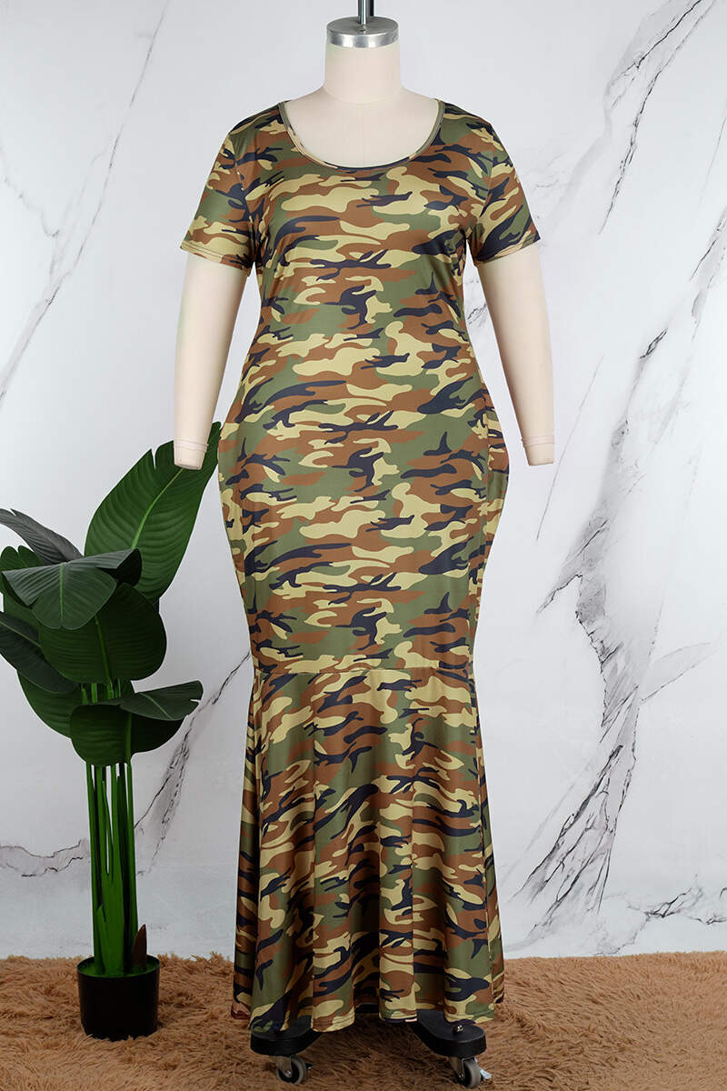 Camouflage Casual Street Print Patchwork O Neck Trumpet Mermaid Dresses