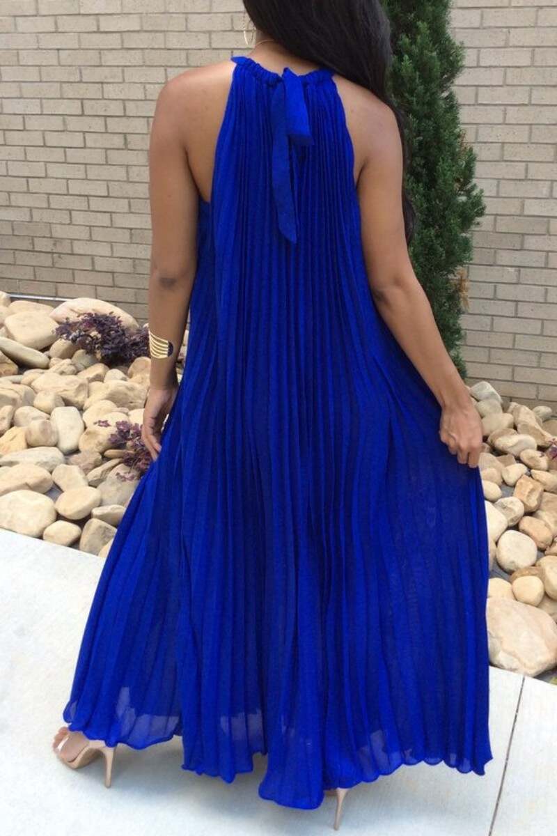 Tibetan Blue Casual Solid Frenulum Pleated O Neck Long Dress Dresses