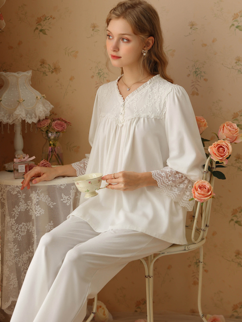 Lace Cotton V Neck Casual  Long Sleeve Pajama Set