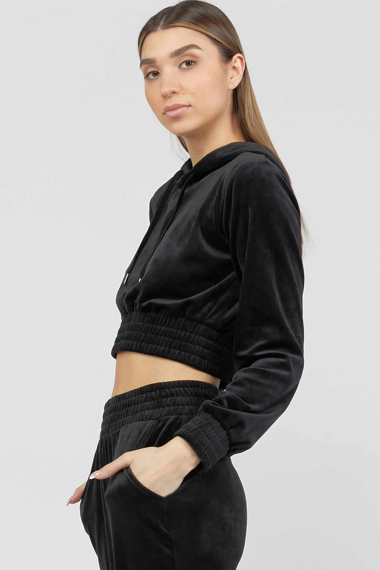 Women Apparel | Velvet Cropped Hoodie Dark Brown Forever21 - LT74943