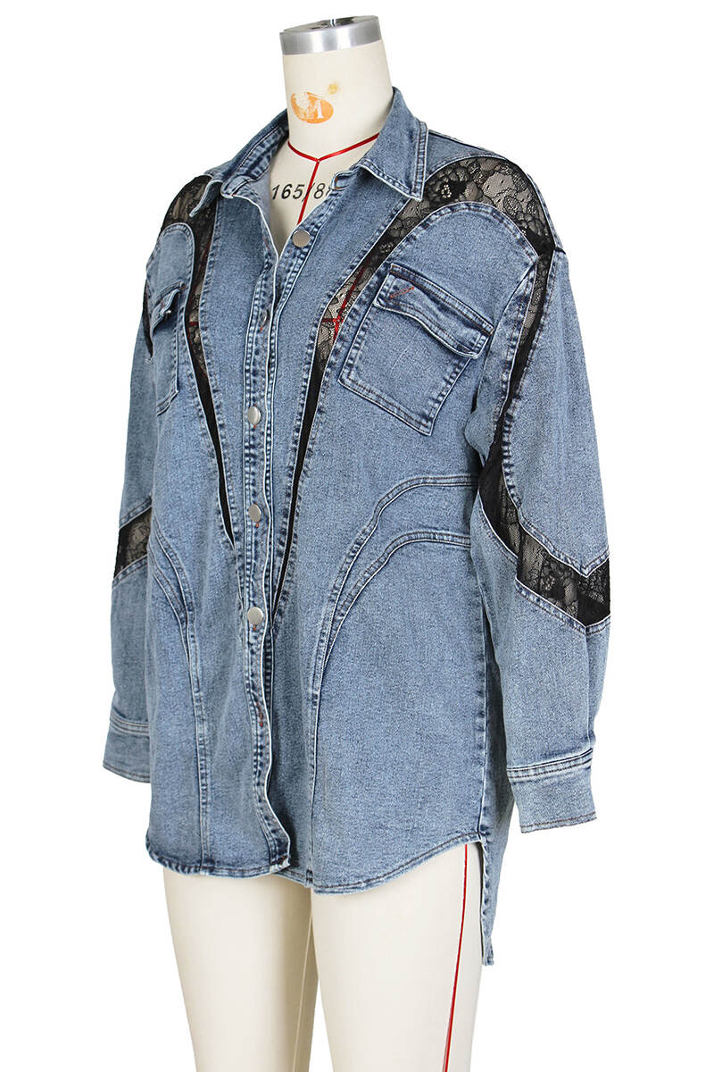 The cowboy blue Sexy Celebrities Solid Lace Patchwork Pocket Buckle Buttons Turndown Collar Long Sleeve Straight Denim Jacket