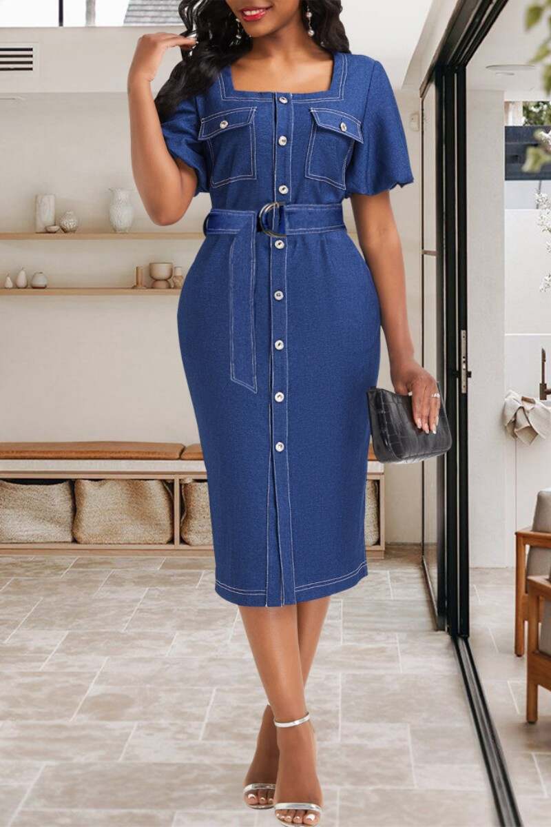 Blue Casual Solid Patchwork Square Collar Short Sleeve Regular Denim Dresses