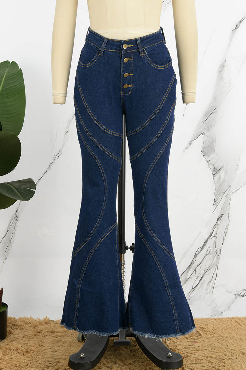 Dark Blue Casual Solid Patchwork Buttons High Waist Skinny Denim Jeans