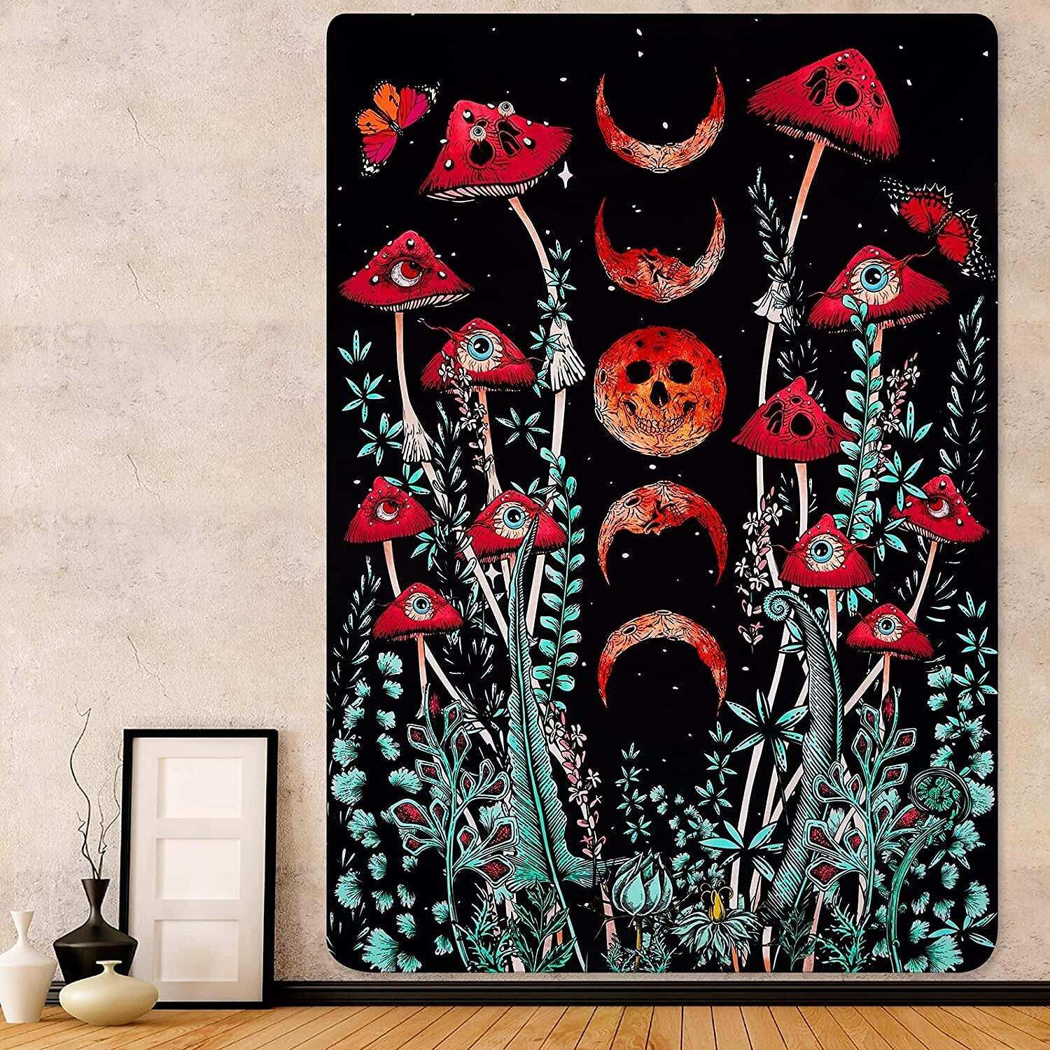 Trippy Mushroom Wall Tapestry Art Decor Moon Phase Plant