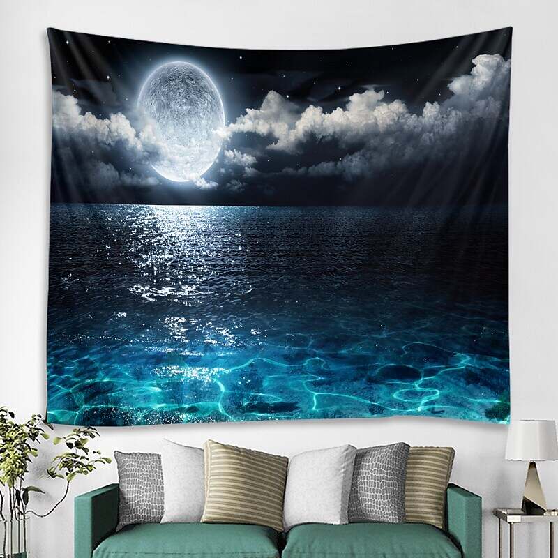 Moon Sea Sky Wall Tapestry Art Decor Landscape Full Night Ocean Cloud