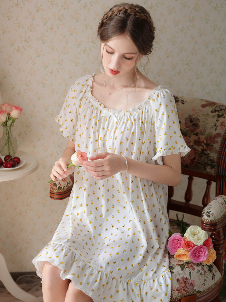 Simple Plain Cotton Floral Others Nightdress